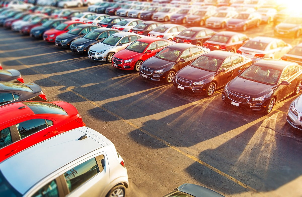 cars in an auto dealership lot